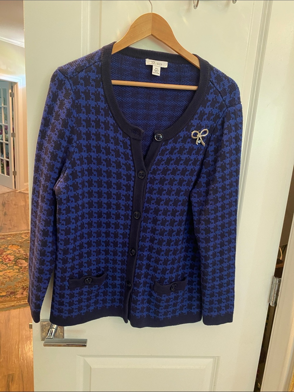 Blue and Black Houndstooth Cardigan with Bow Pin